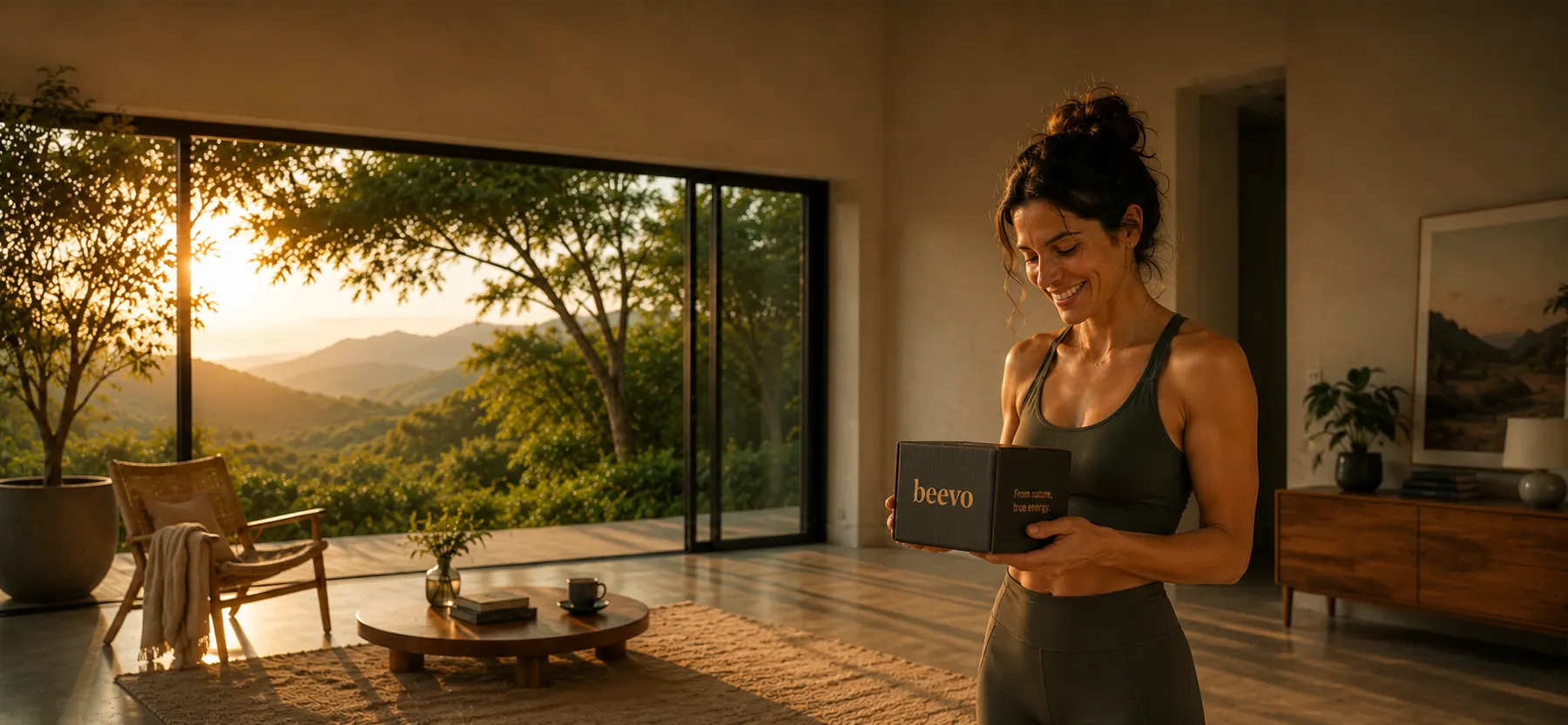 Mulher sorrindo com caixa Beevo em ambiente residencial premium ao pôr do sol